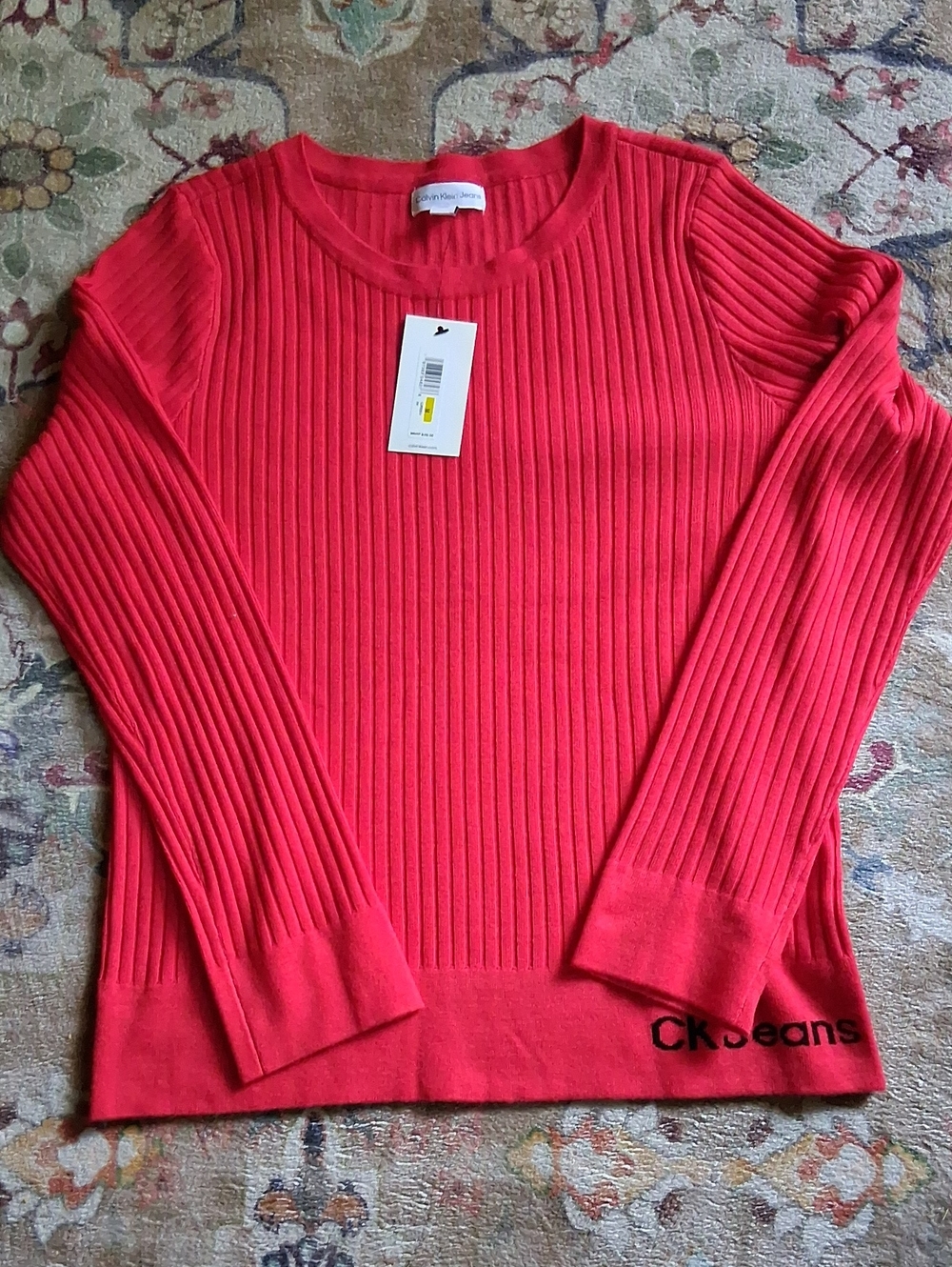 Calvin Klein Jeans Coral-Red Ribbed Crewneck Sweater
